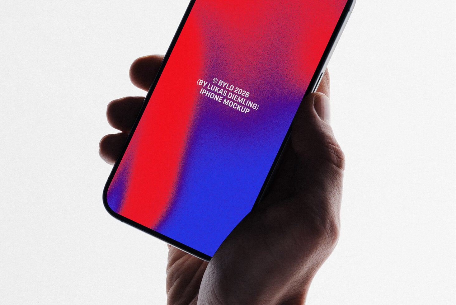 Hand holding iPhone with red to blue gradient screen mockup