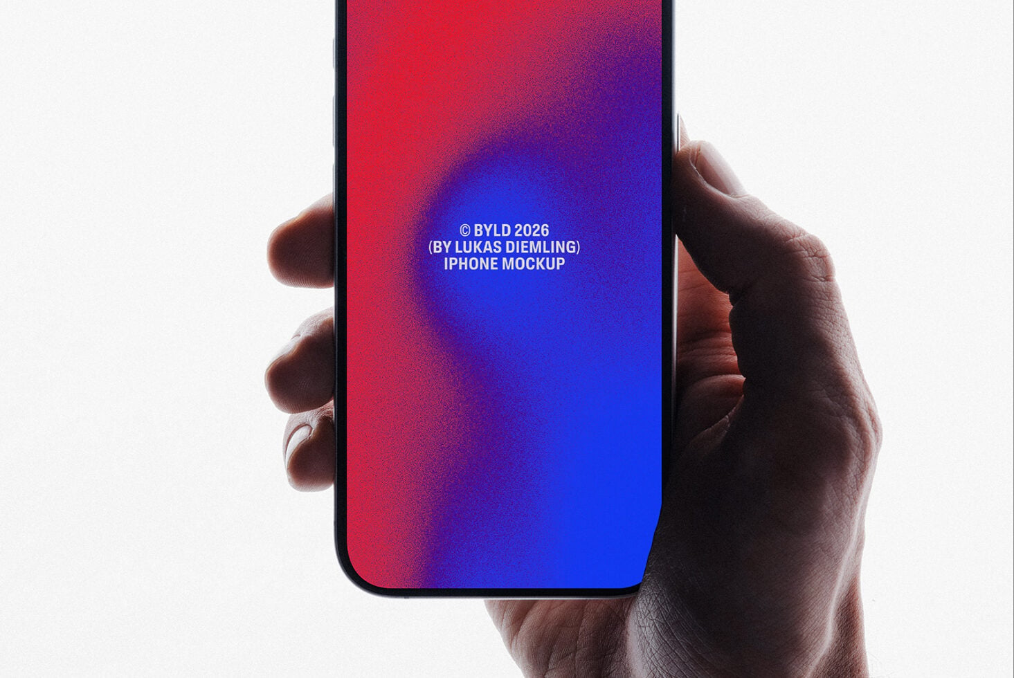 Hand holding iPhone with red to blue gradient display mockup