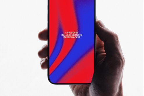 Hand holding iPhone with vibrant red to blue gradient swirl design on screen