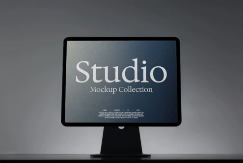 Studio Mockup Collection displayed on black desktop monitor with gradient background