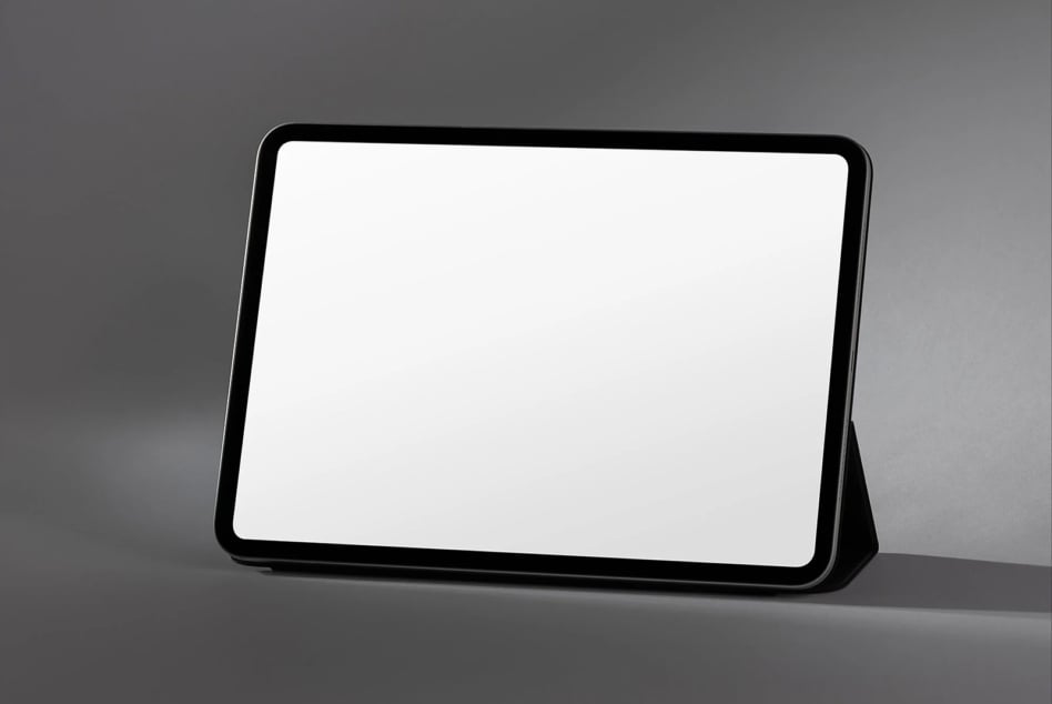 Black tablet mockup with blank screen in landscape orientation on gray surface