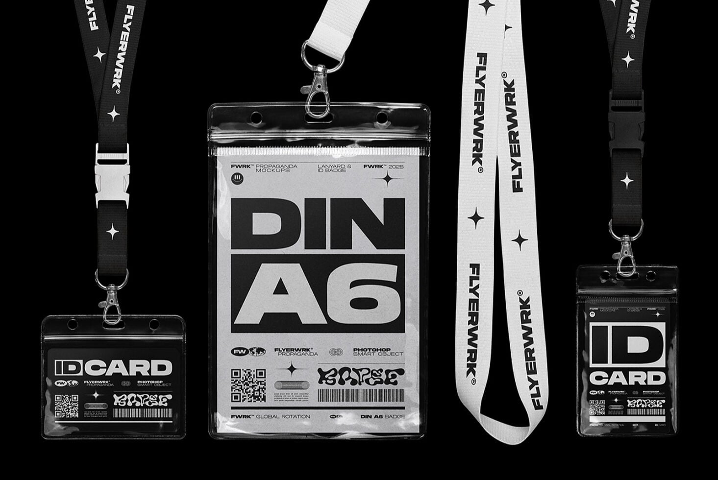 ID badges with lanyards in black, white, minimal design with QR codes, mockup set