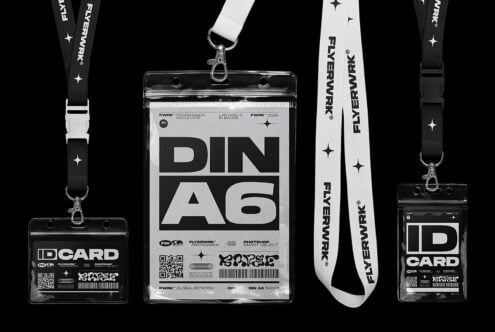 ID badges with lanyards in black, white, minimal design with QR codes, mockup set