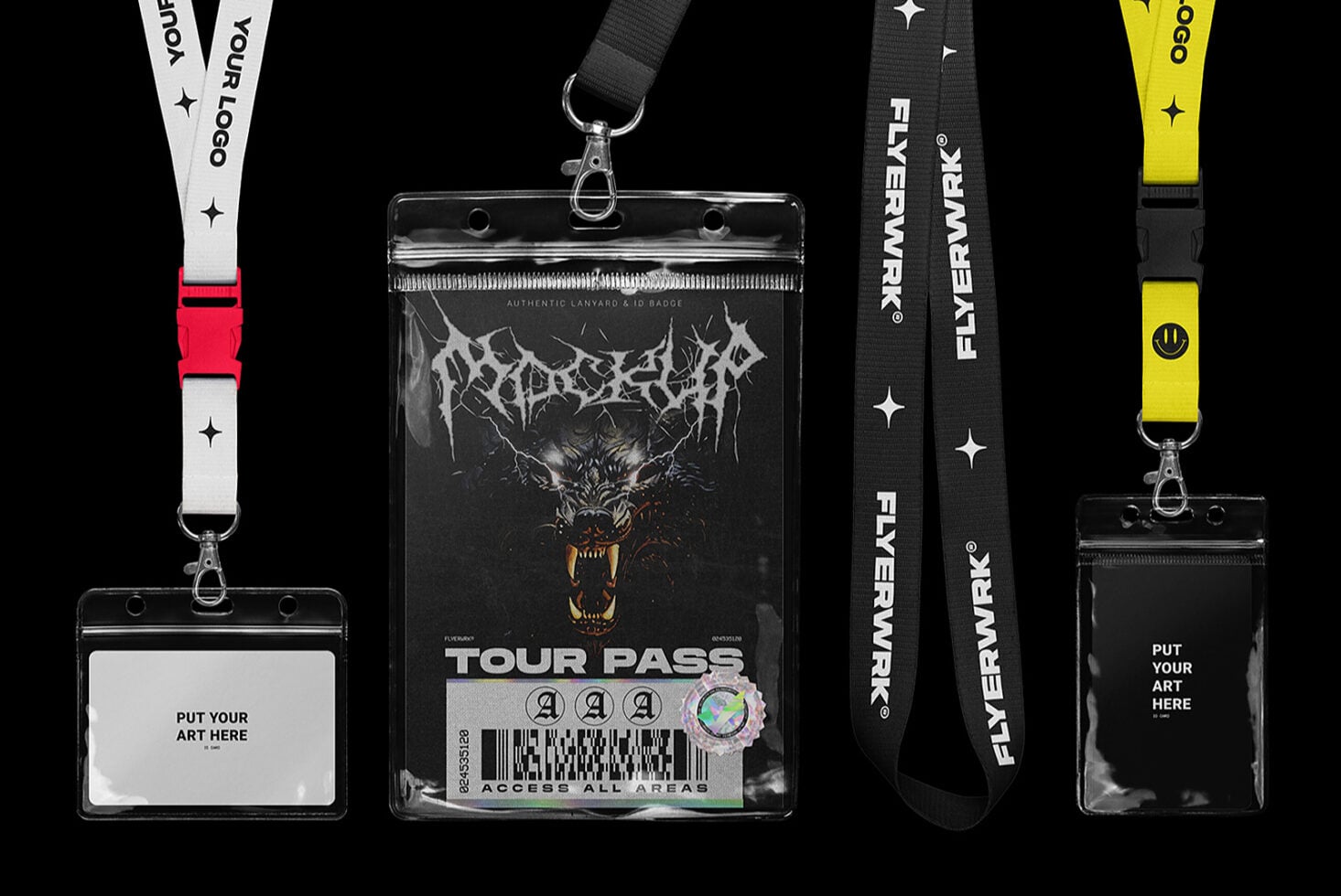 Five customizable lanyards with ID badge holders in white, black, plus neon yellow designs