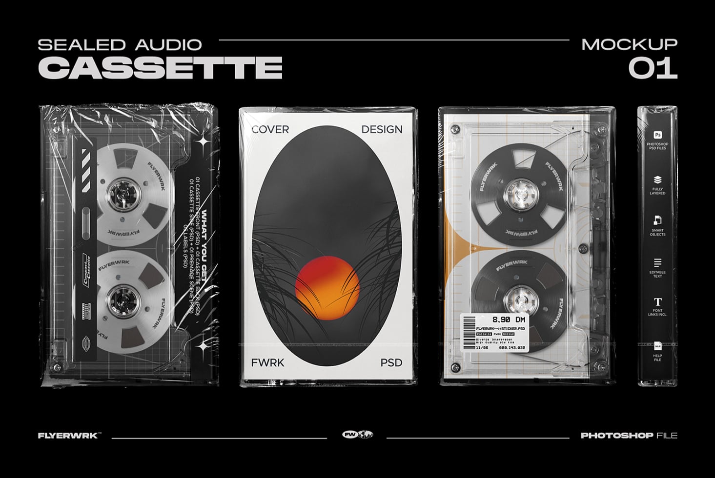 Sealed audio cassette mockup with wrapped plastic packaging, cover design showing orange orb, reels visible through clear shell