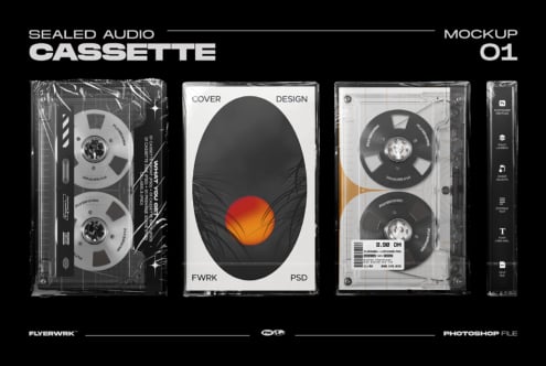 Sealed audio cassette mockup with wrapped plastic packaging, cover design showing orange orb, reels visible through clear shell