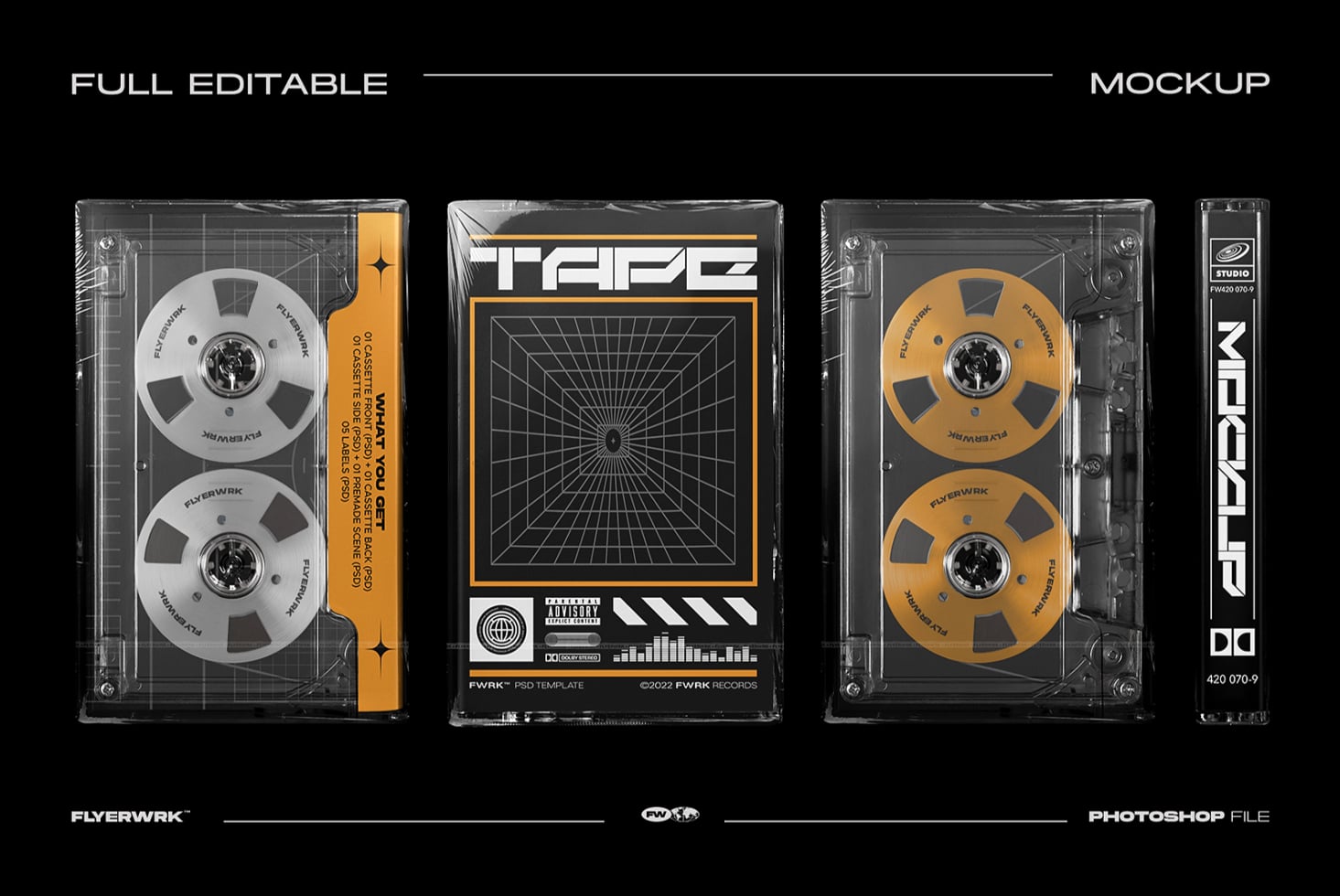 Cassette tape mockup with gold reels, black case, editable in Photoshop