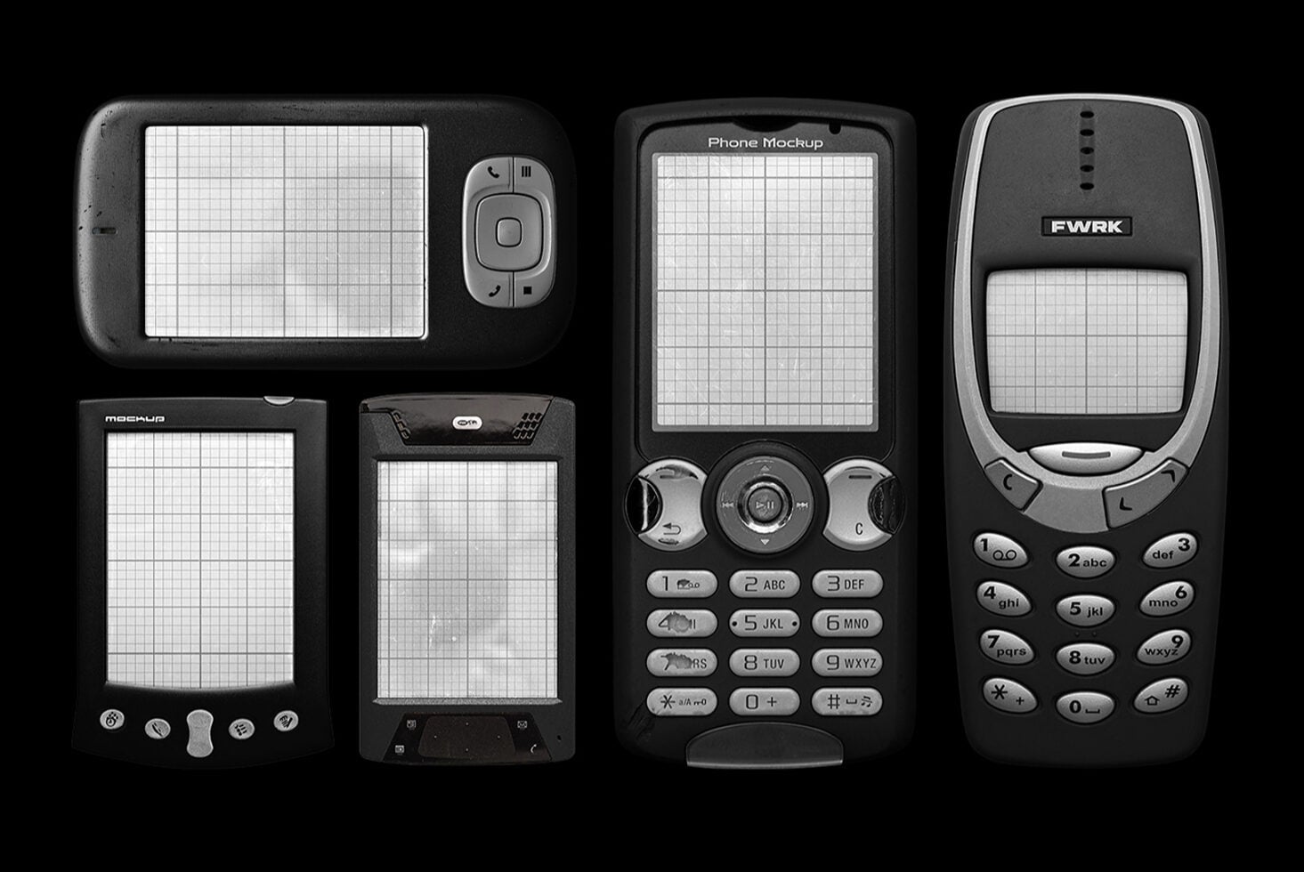 Retro phone mockups with grid screens, early 2000s devices lined up on black background