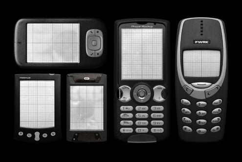 Retro phone mockups with grid screens, early 2000s devices lined up on black background