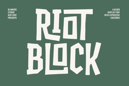 Riot Beck bold display font with cutout shapes on sage green background