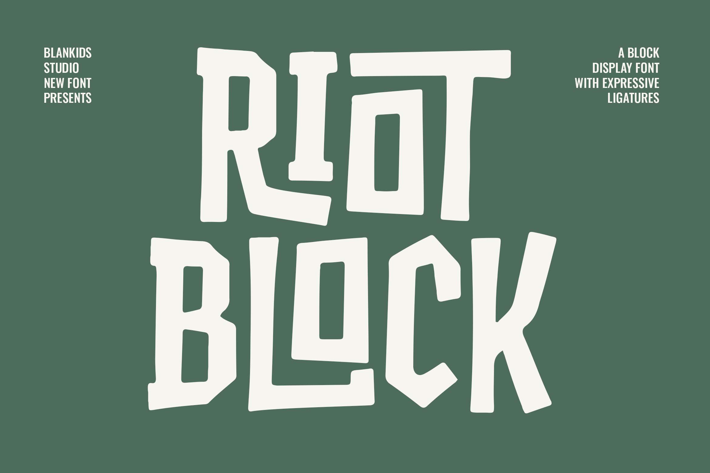 Riot Beck bold display font with cutout shapes on sage green background