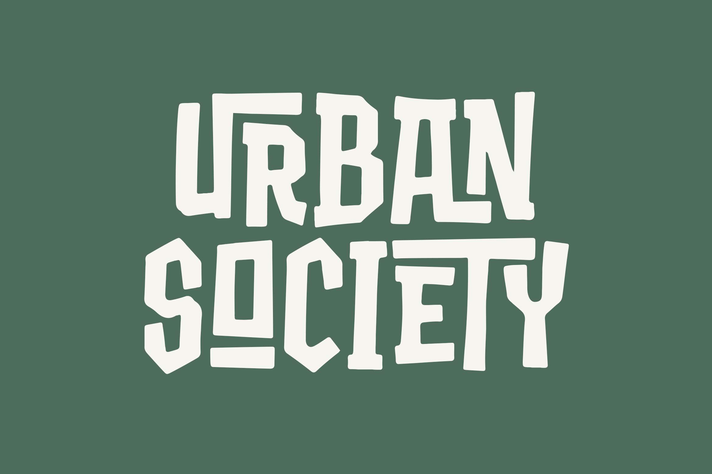 Bold cream typeface reading "Urban Society" on muted sage green background