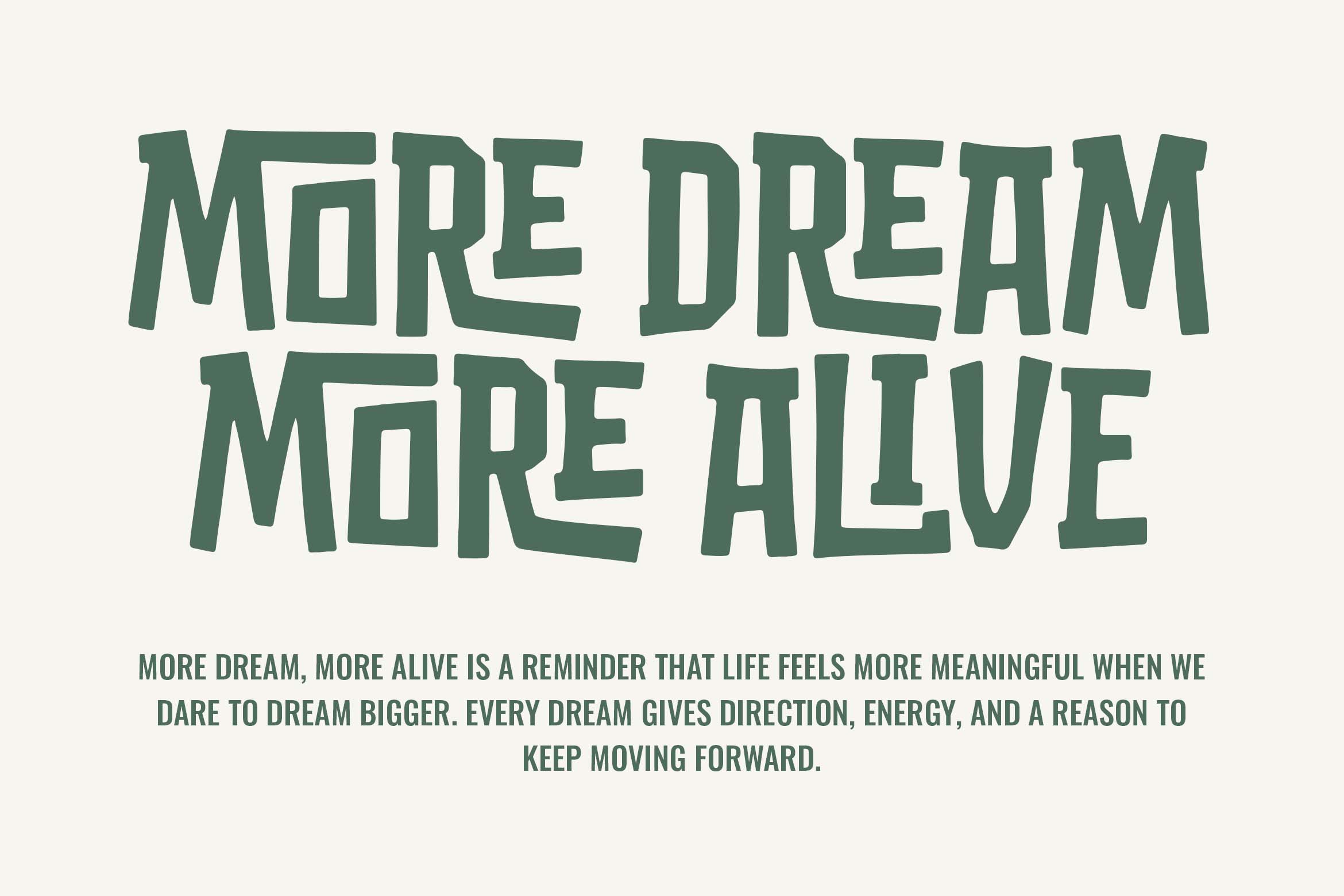 Bold sage green typography with motivational text about dreaming bigger on cream background