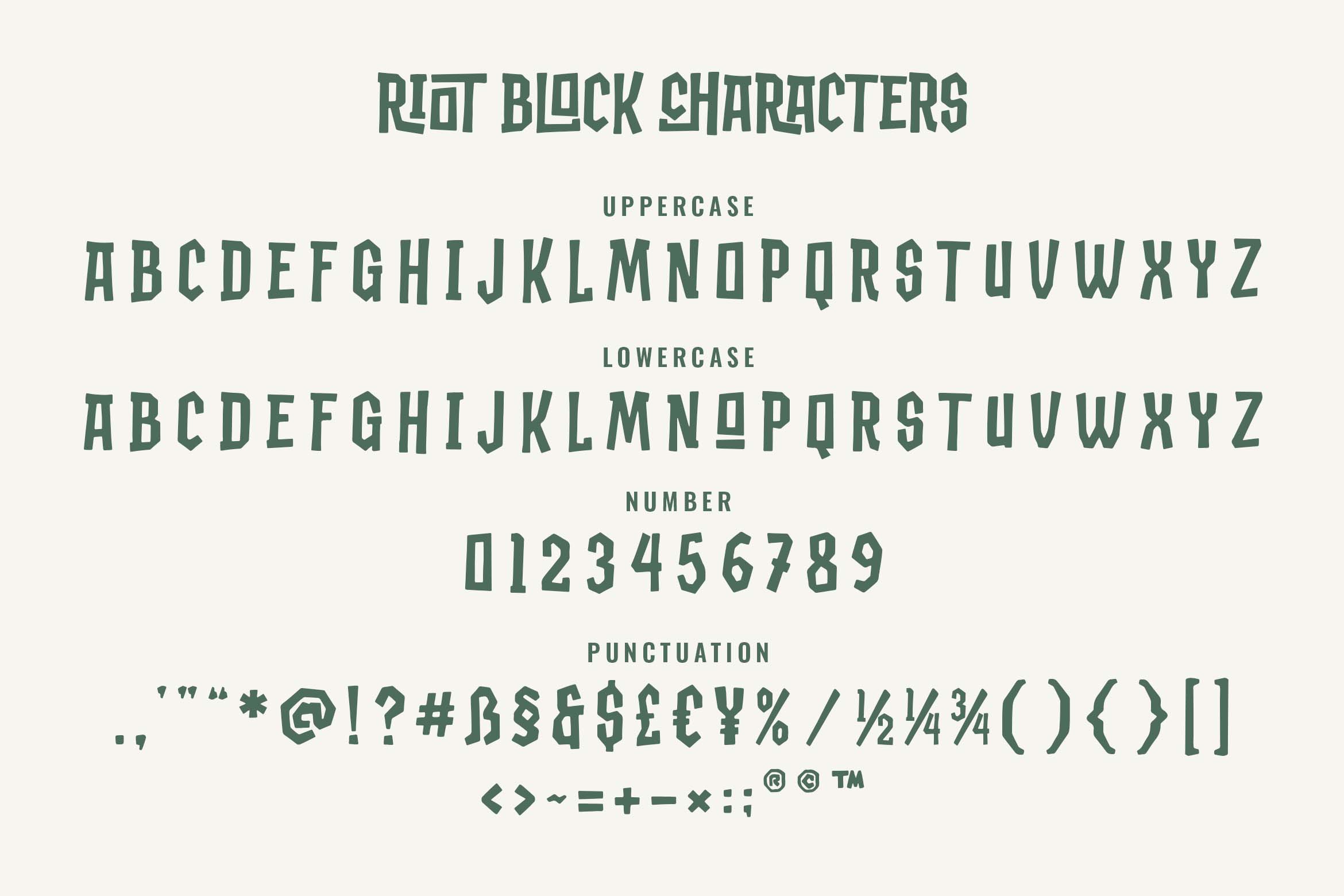 Riot Block font showing uppercase, lowercase, numbers, plus punctuation marks in sage green