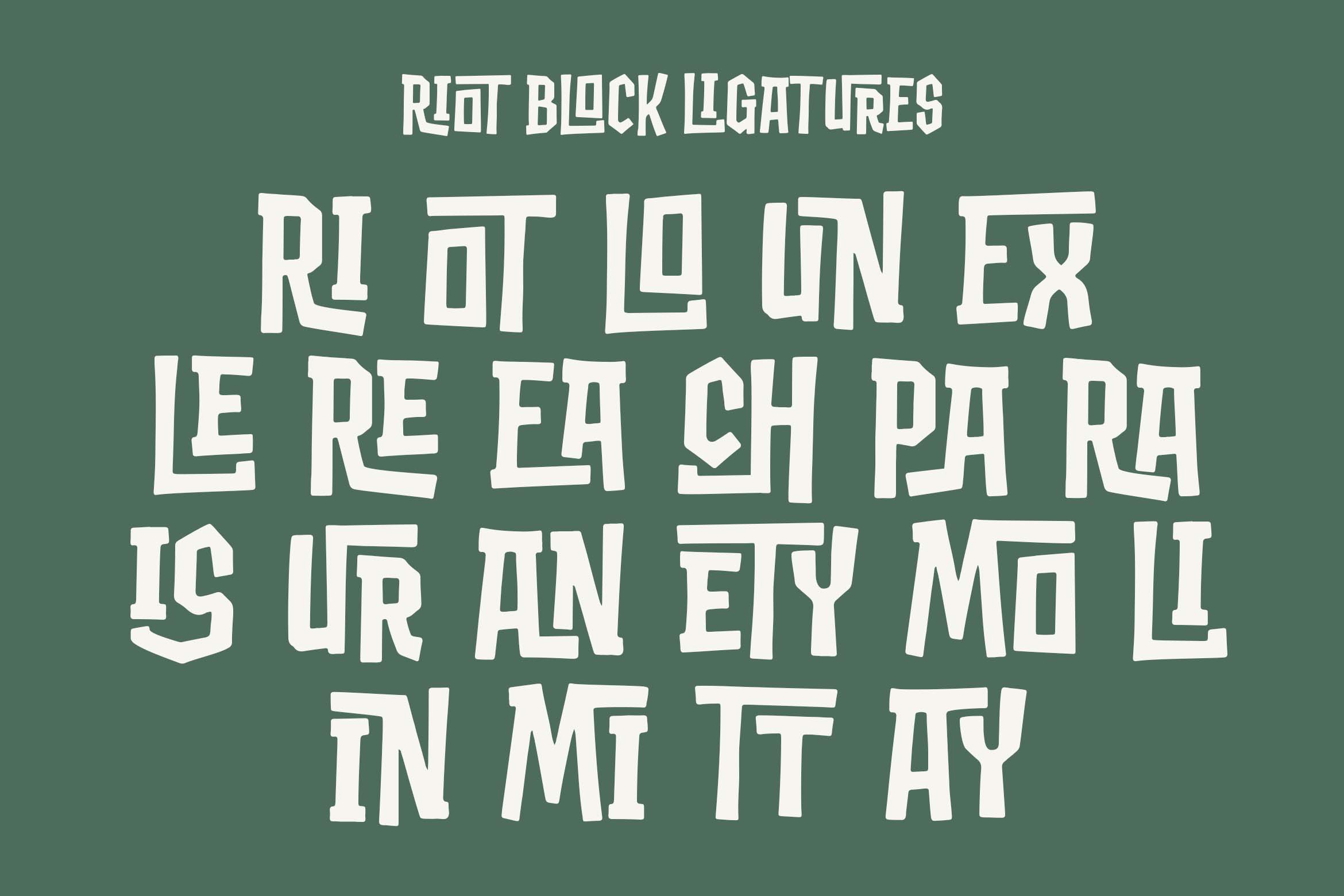 Riot Block Ligatures font sample showing white geometric letters on sage green background