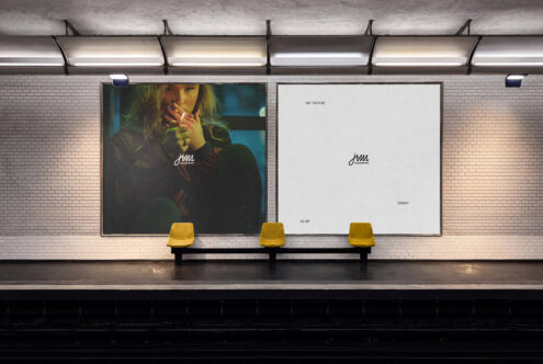 Subway station billboard mockup with two posters on brick wall, yellow seating below