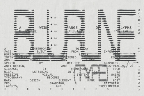 Experimental typography specimen sheet with overlapping text layouts, variable weights, glyph ranges, showing contemporary typeface design