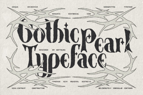 Gothic typeface with medieval vibes, ornate line decorations on cream paper texture