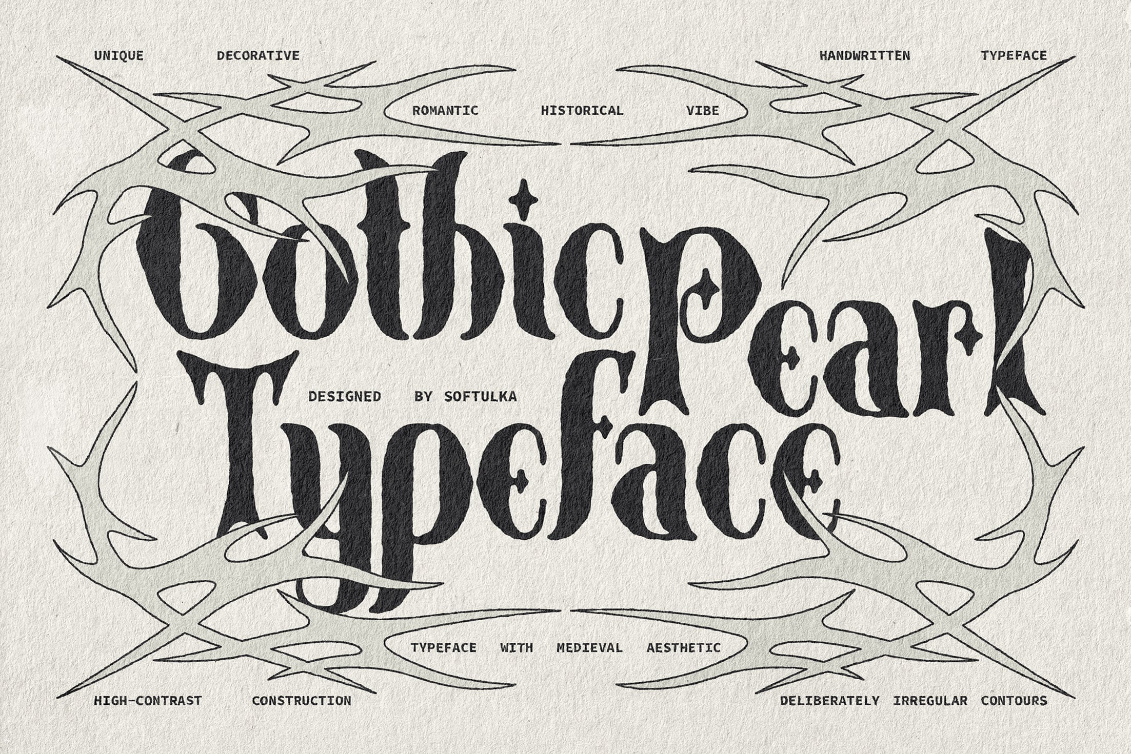 Gothic typeface with medieval vibes, ornate line decorations on cream paper texture