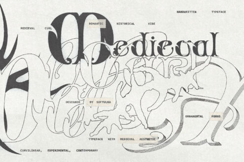Medieval display typeface with ornamental curvy letters, experimental handwritten vibe on cream paper
