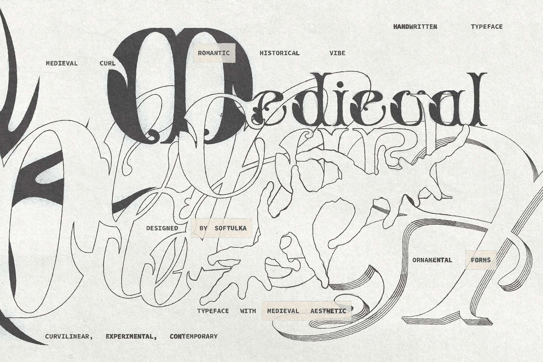 Medieval display typeface with ornamental curvy letters, experimental handwritten vibe on cream paper