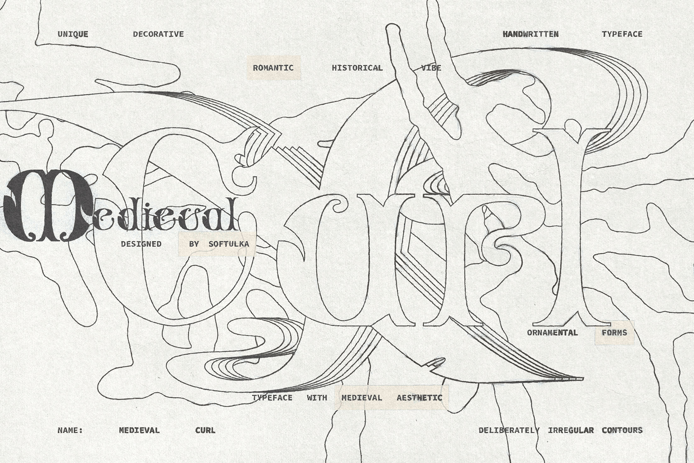 Medieval Curl typeface specimen showing ornamental letterforms with flowing line art decorative elements throughout