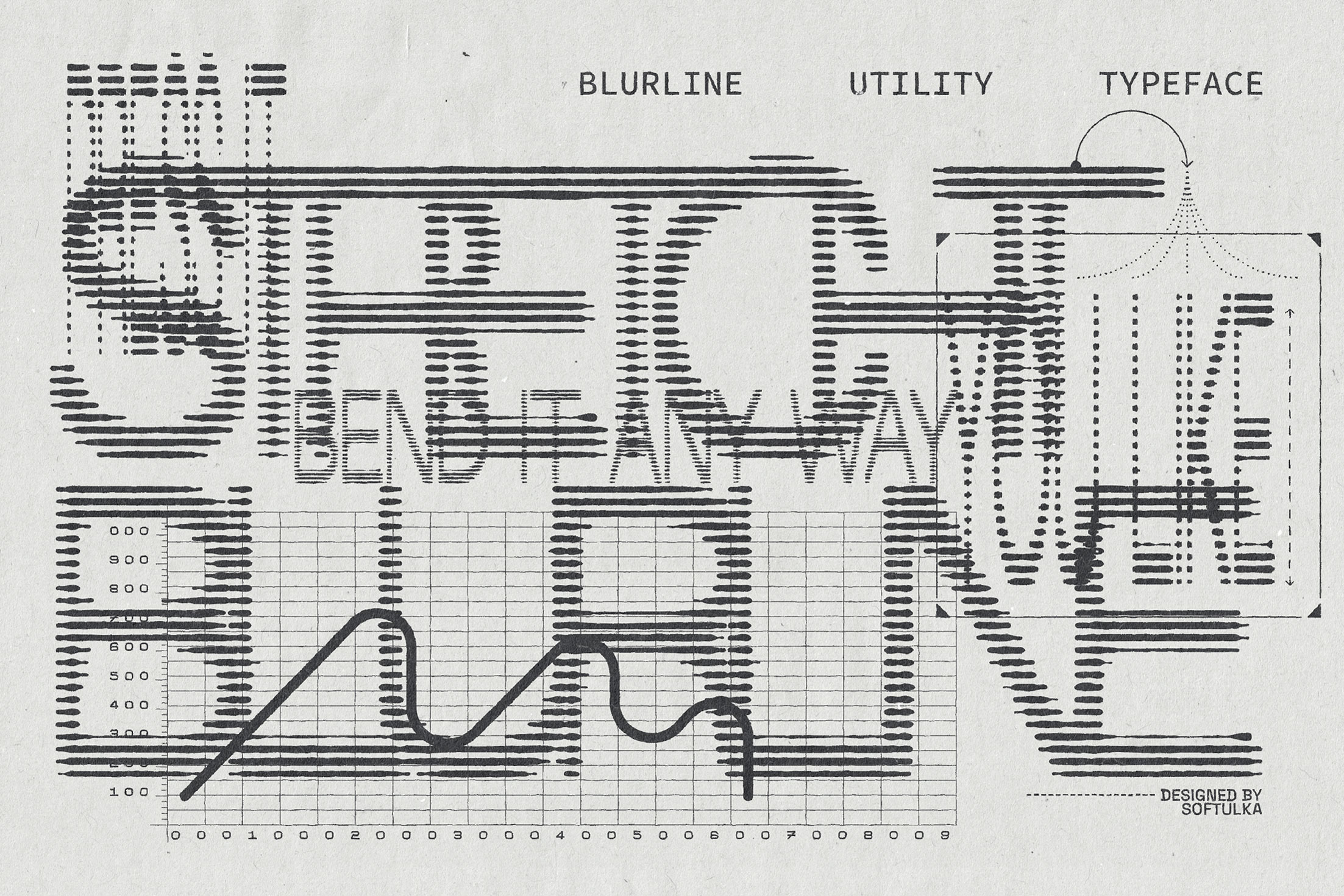 Vintage data visualization poster with blurry utility typeface, line graphs, grids, dotted patterns