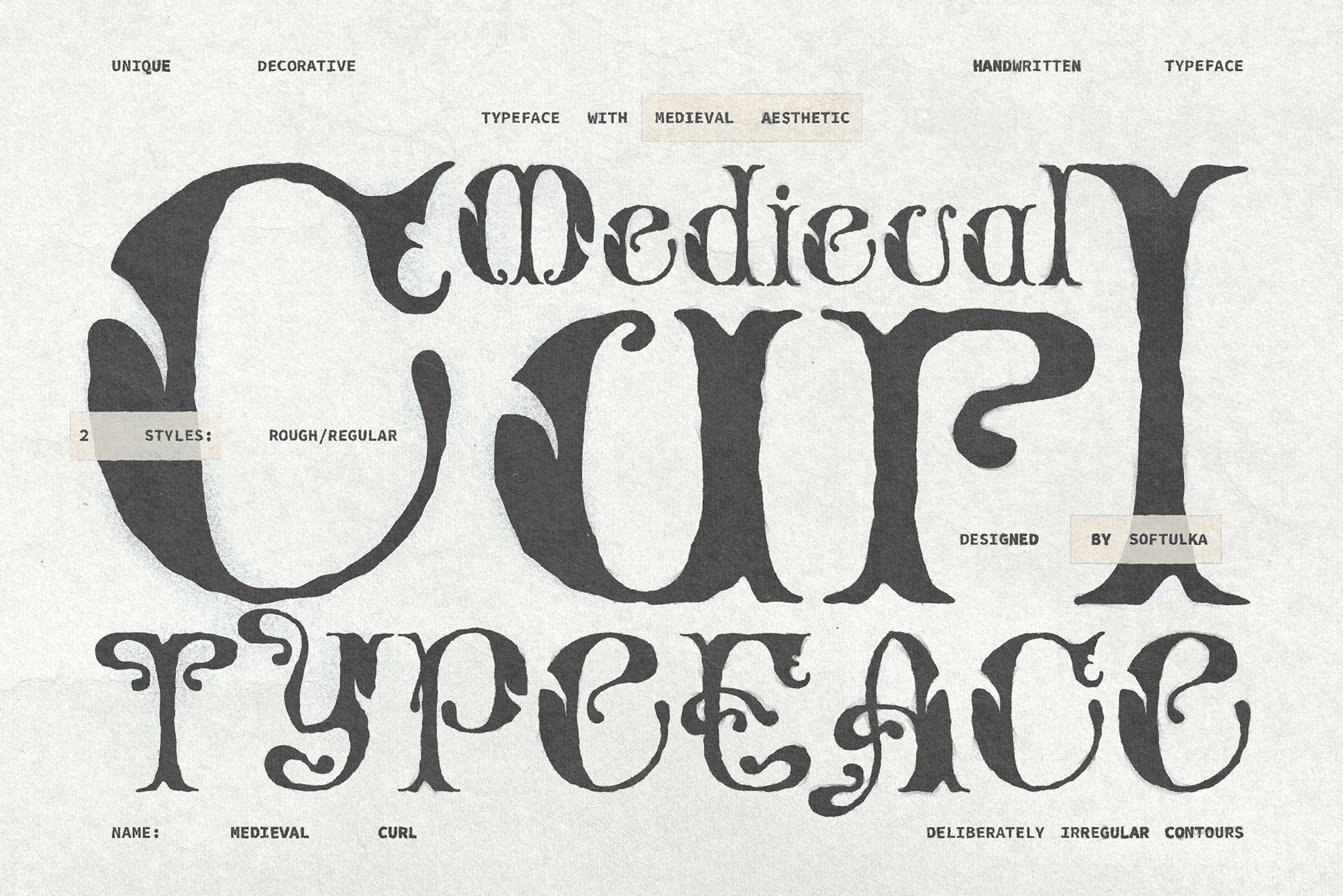 Medieval Curl font with rough irregular edges, 2 style variations by Softulka