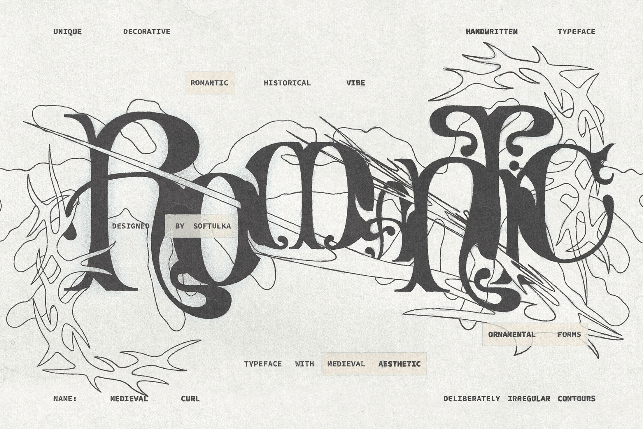 Medieval Curl typeface with ornamental flourishes, gothic vibes, handwritten decorative letterforms