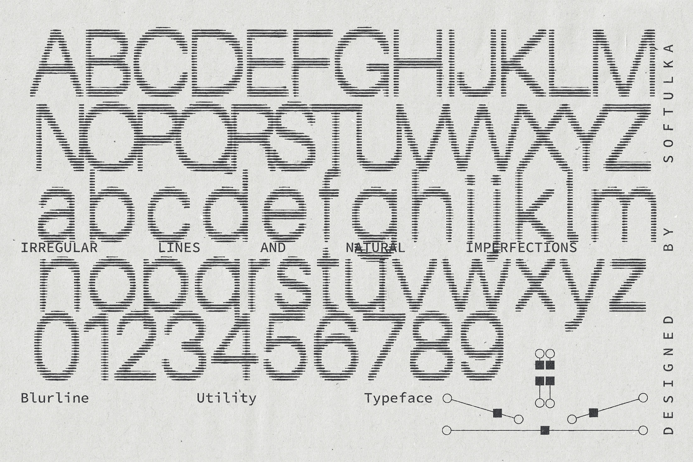 Blurline utility typeface with horizontal scan lines, irregular texture, natural imperfections throughout