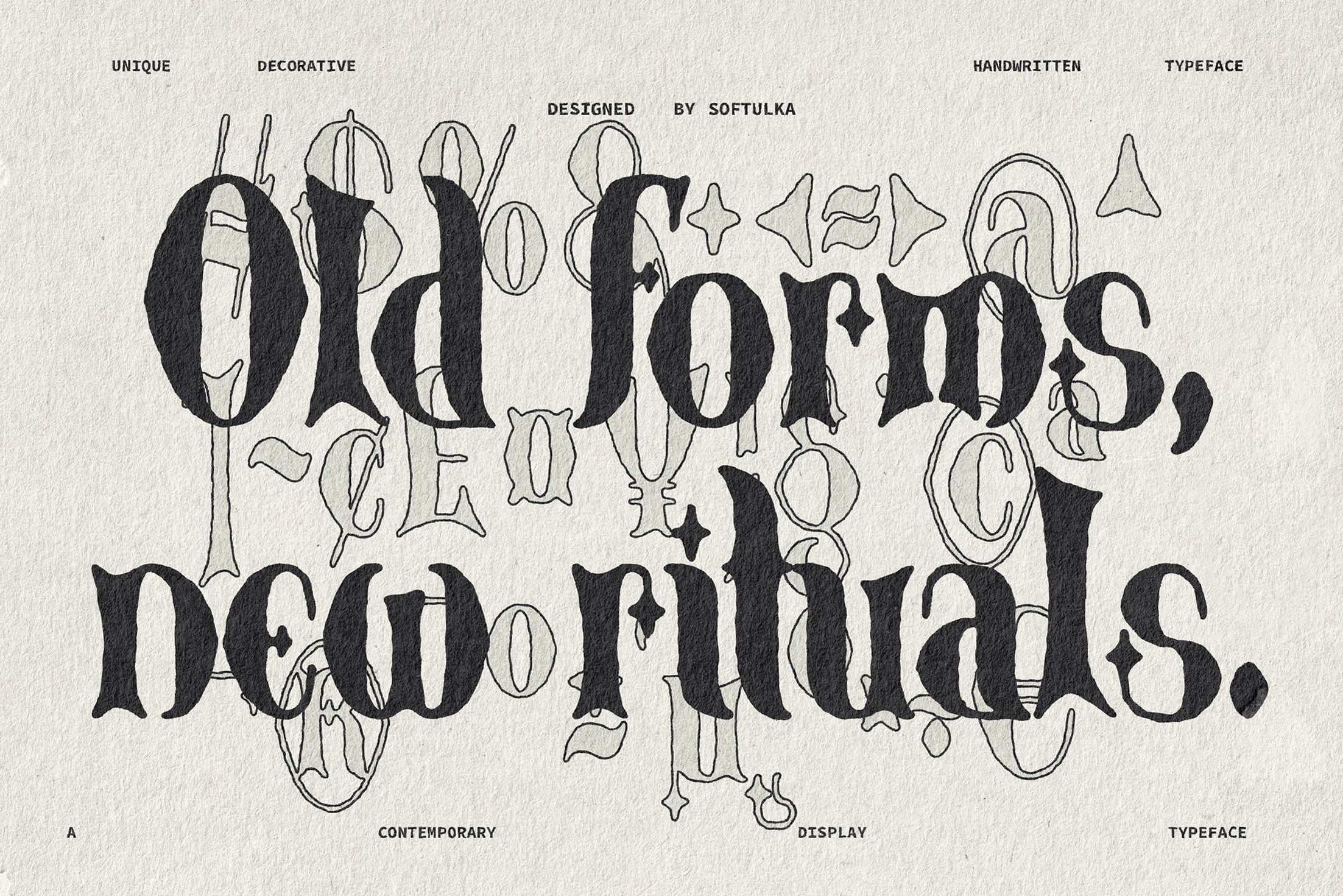 Oddforms display typeface with playful line art doodles woven through bold letters