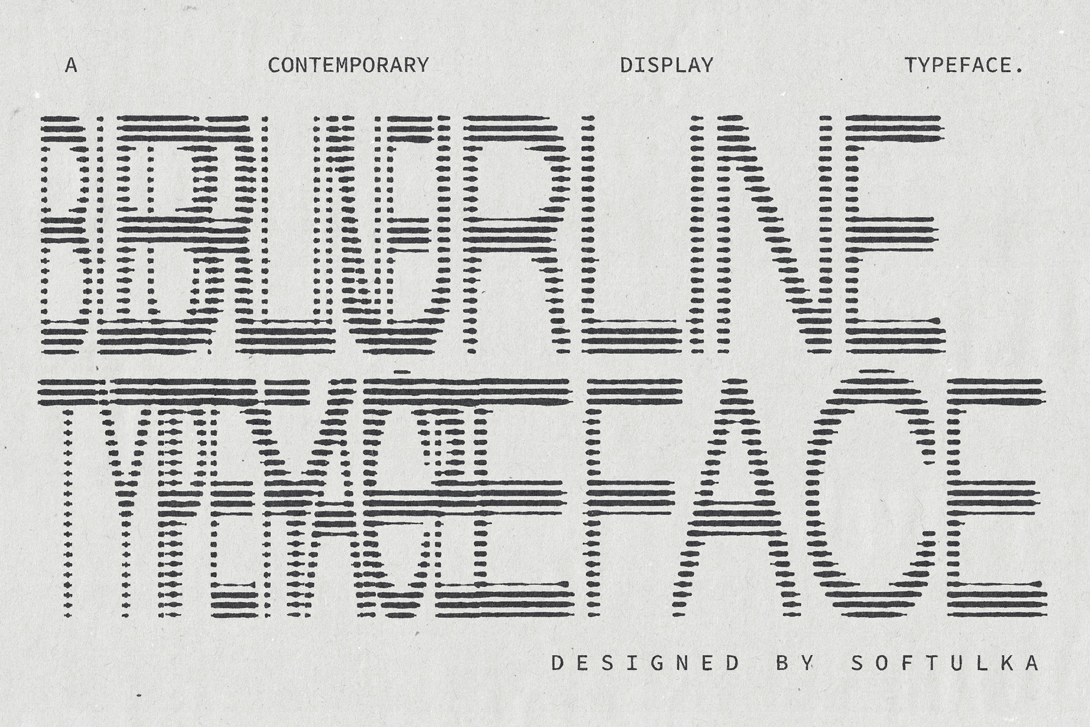 Modern display font with geometric dot patterns, experimental letterforms on textured background