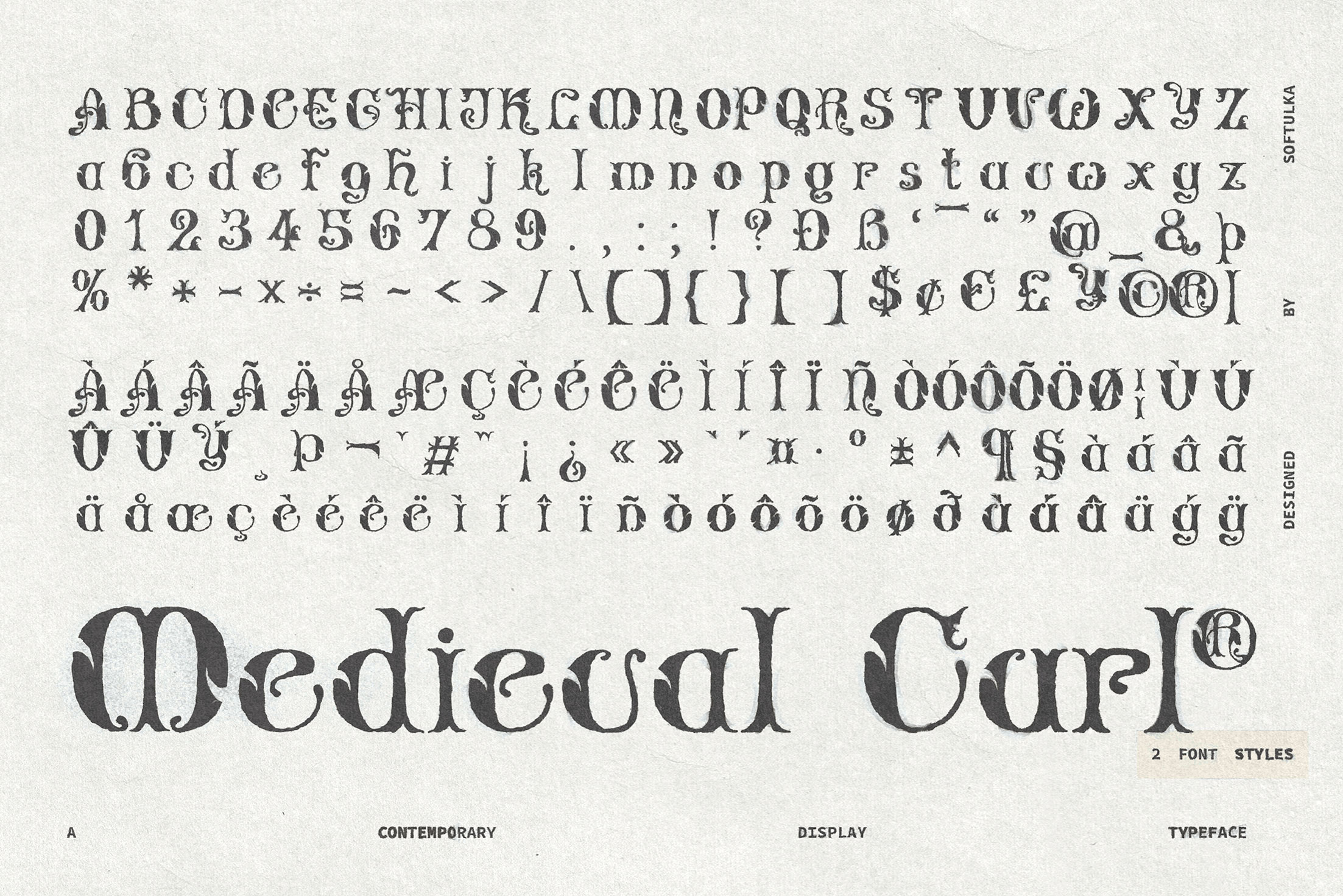 Medieval Curl font showing ornate letterforms, numbers, symbols across two vintage-style variations