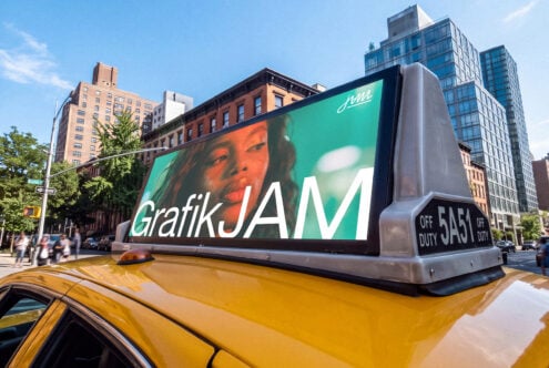 Taxi cab roof ad mockup with green gradient background, portrait photo, bold typography on yellow NYC cab in urban street setting