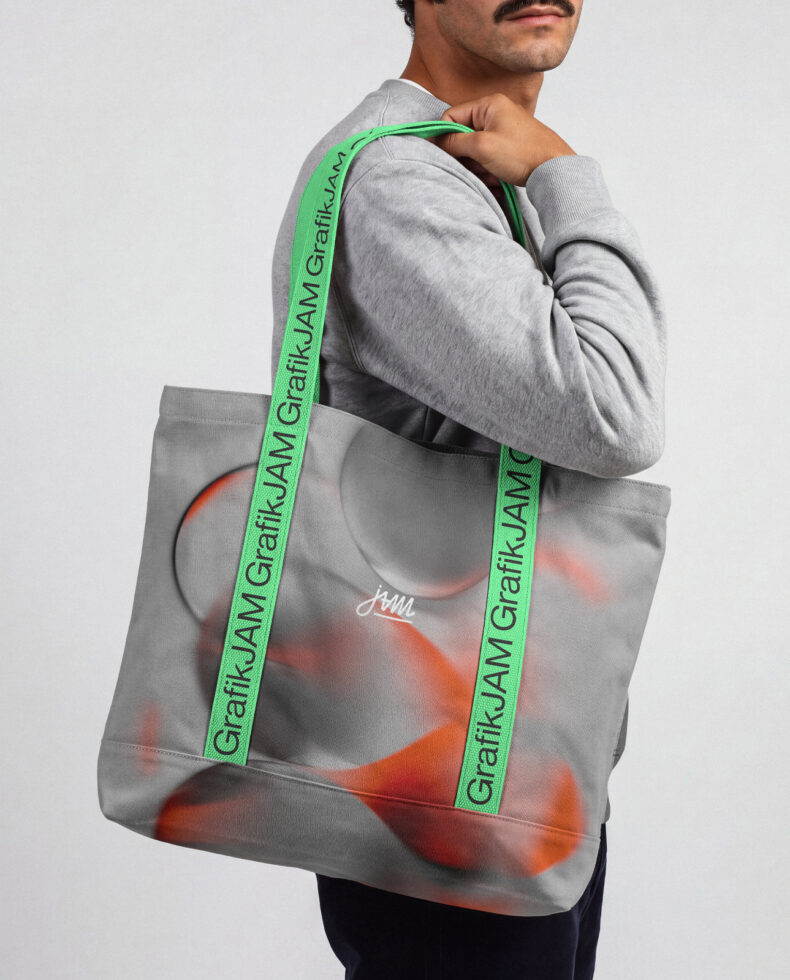 Guy wearing gray hoodie carrying tote bag with neon green straps, blurry red abstract print on front
