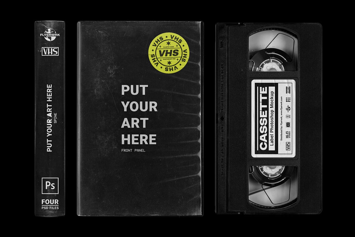 VHS cassette box mockup showing spine, front panel, cassette with editable label designs