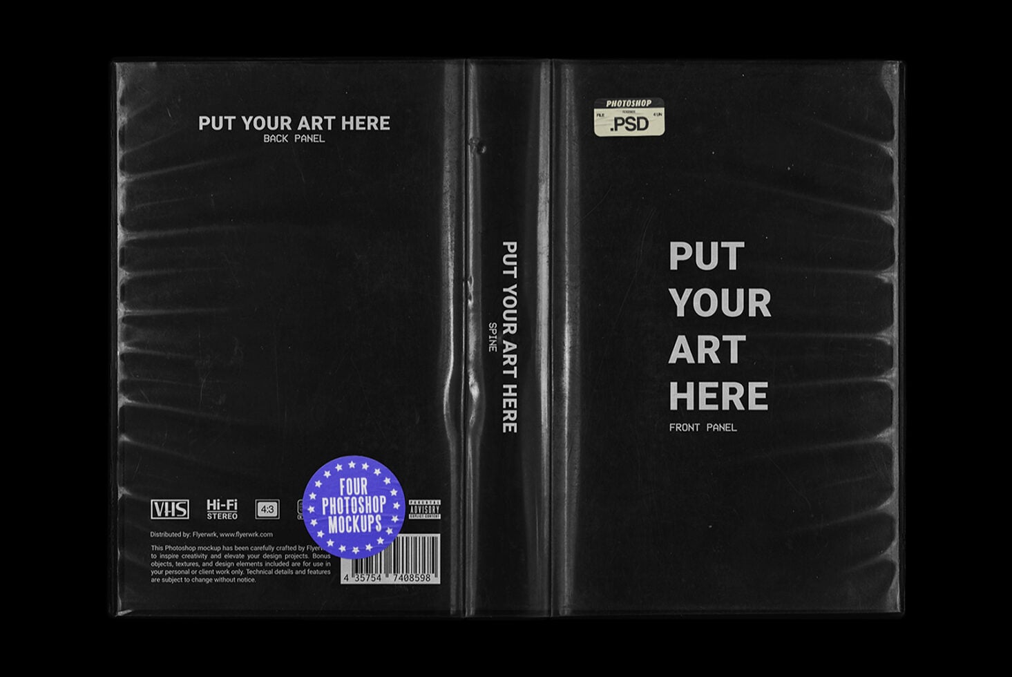 VHS cassette box mockup with editable front, back, spine panels for your design
