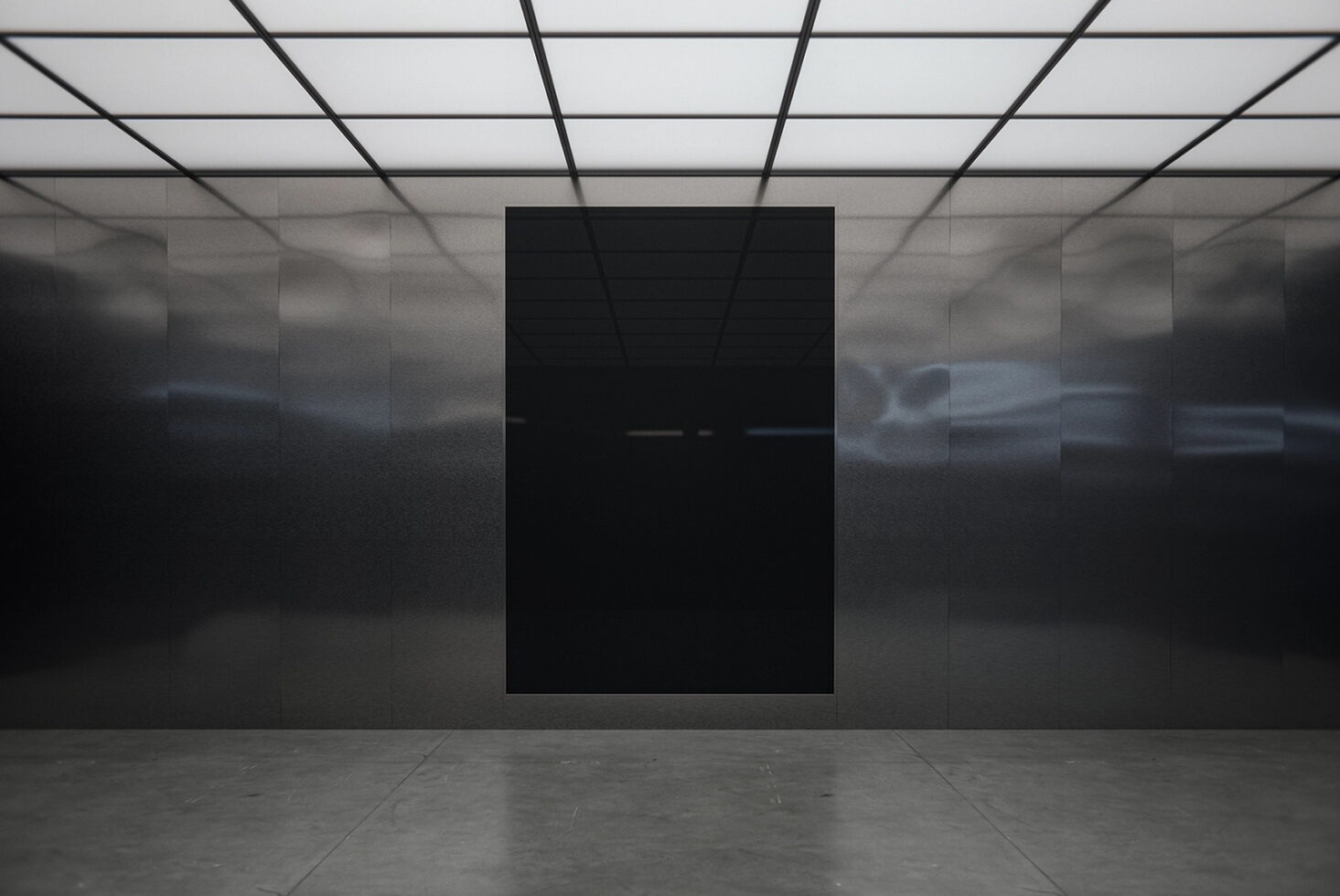 Blank black poster hanging in modern gallery space with grid ceiling