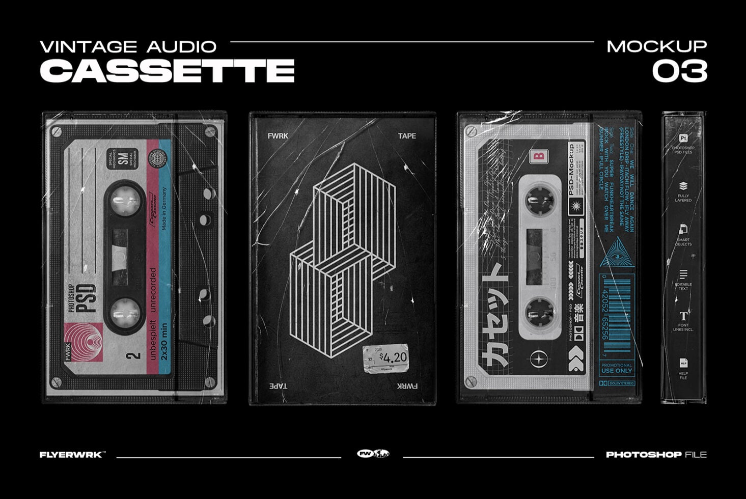 Four vintage cassette tapes with worn, distressed designs against black background