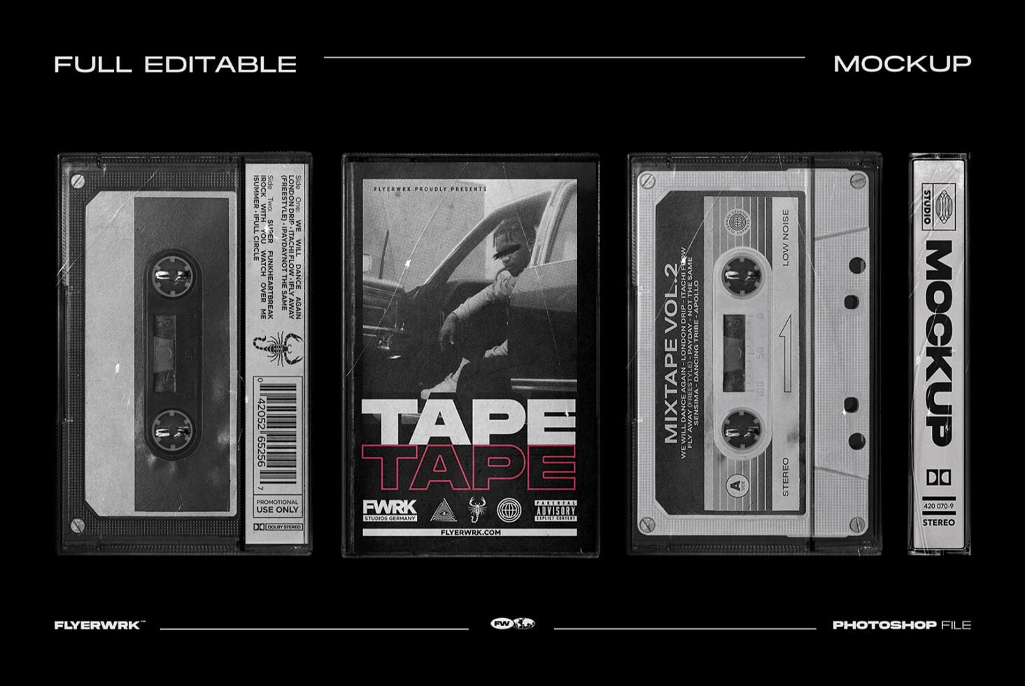 Vintage cassette tape mockup with editable cassette box, inlay card, spine label on black background