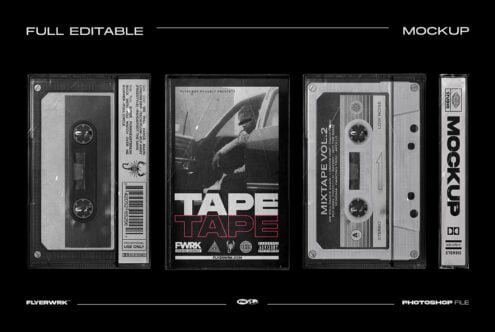 Vintage cassette tape mockup with editable cassette box, inlay card, spine label on black background