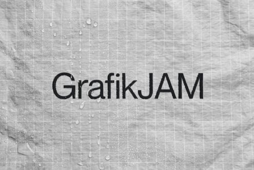 Wet tile surface with water droplets, GrafikJAM text overlay in bold black sans serif font