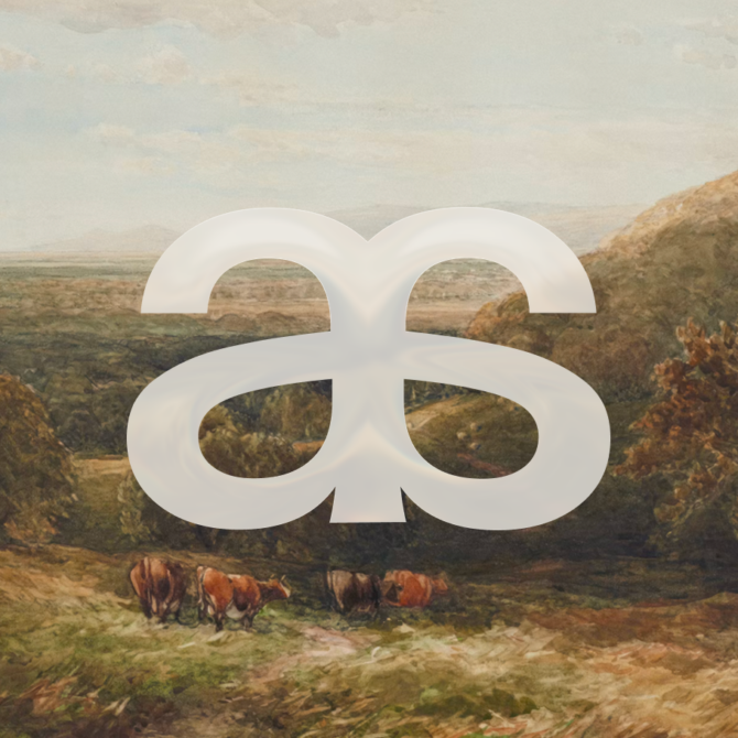 Geometric logo displays pastoral vintage landscape scene