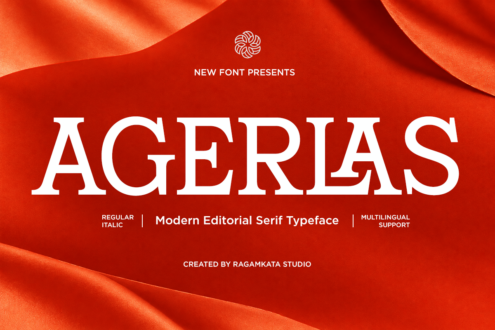 Agerlas serif font showcase on vibrant red fabric background with flowing waves