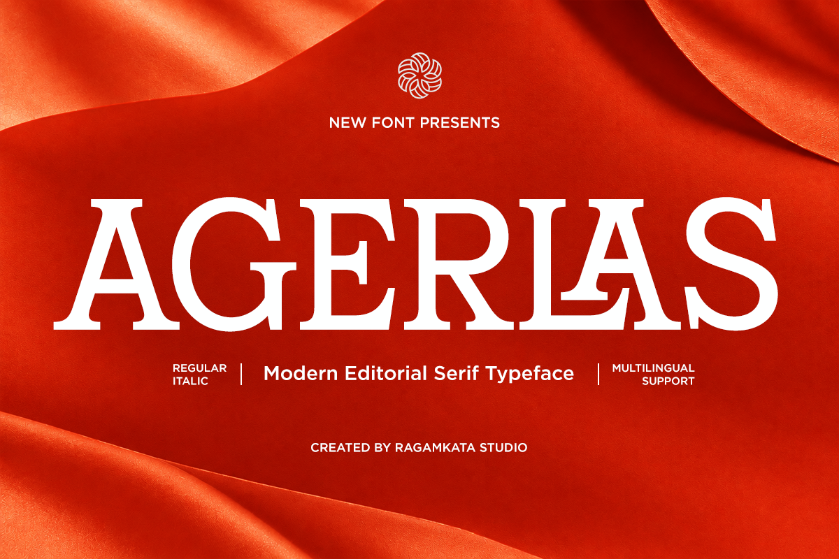 Agerlas serif font showcase on vibrant red fabric background with flowing waves