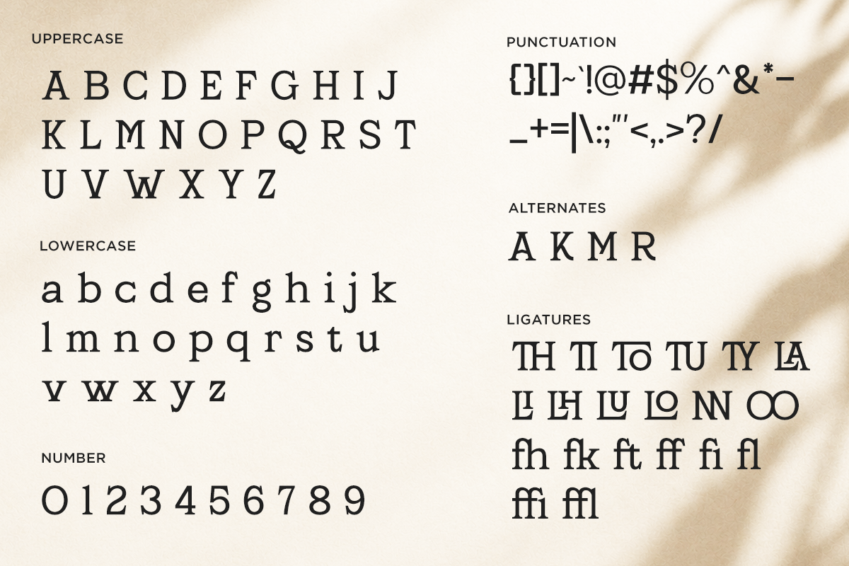 Serif font specimen showing uppercase, lowercase, numbers, punctuation, alternates with ligatures on cream background