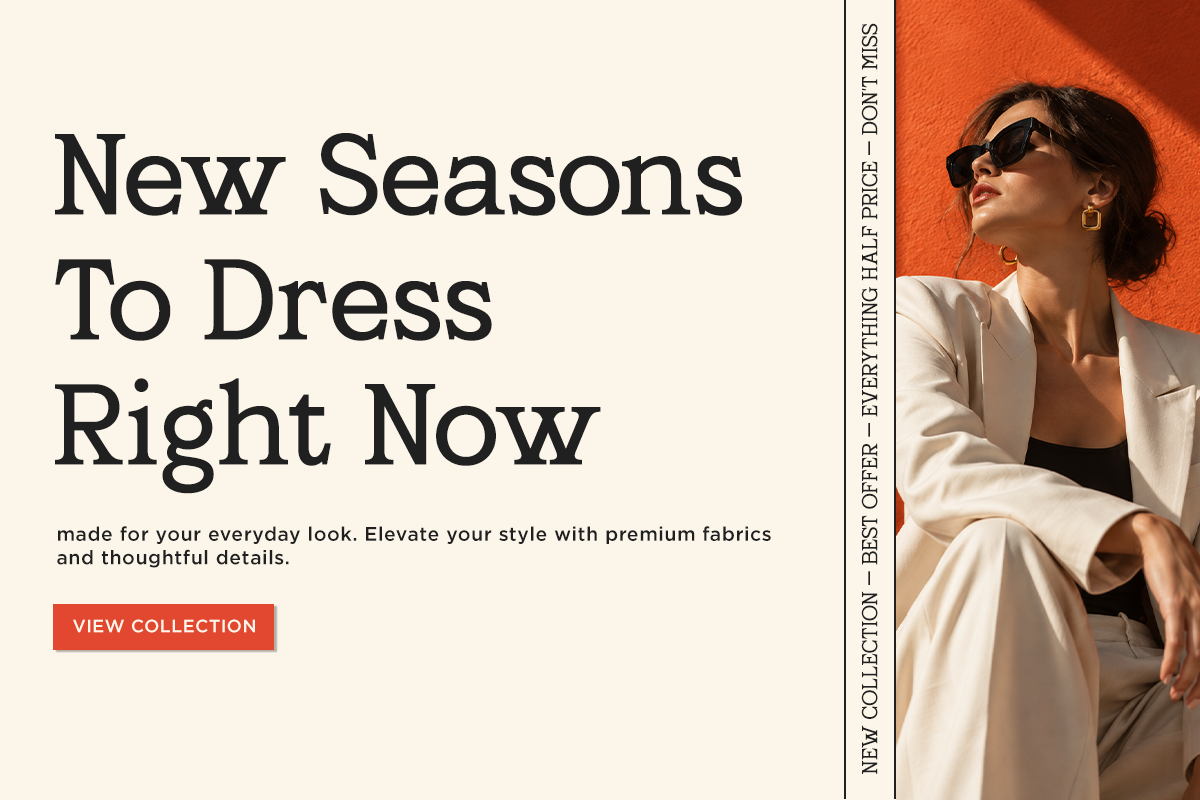 Fashion landing page mockup with cream background, bold serif headline, woman in sunglasses against vibrant orange wall wearing neutral tones