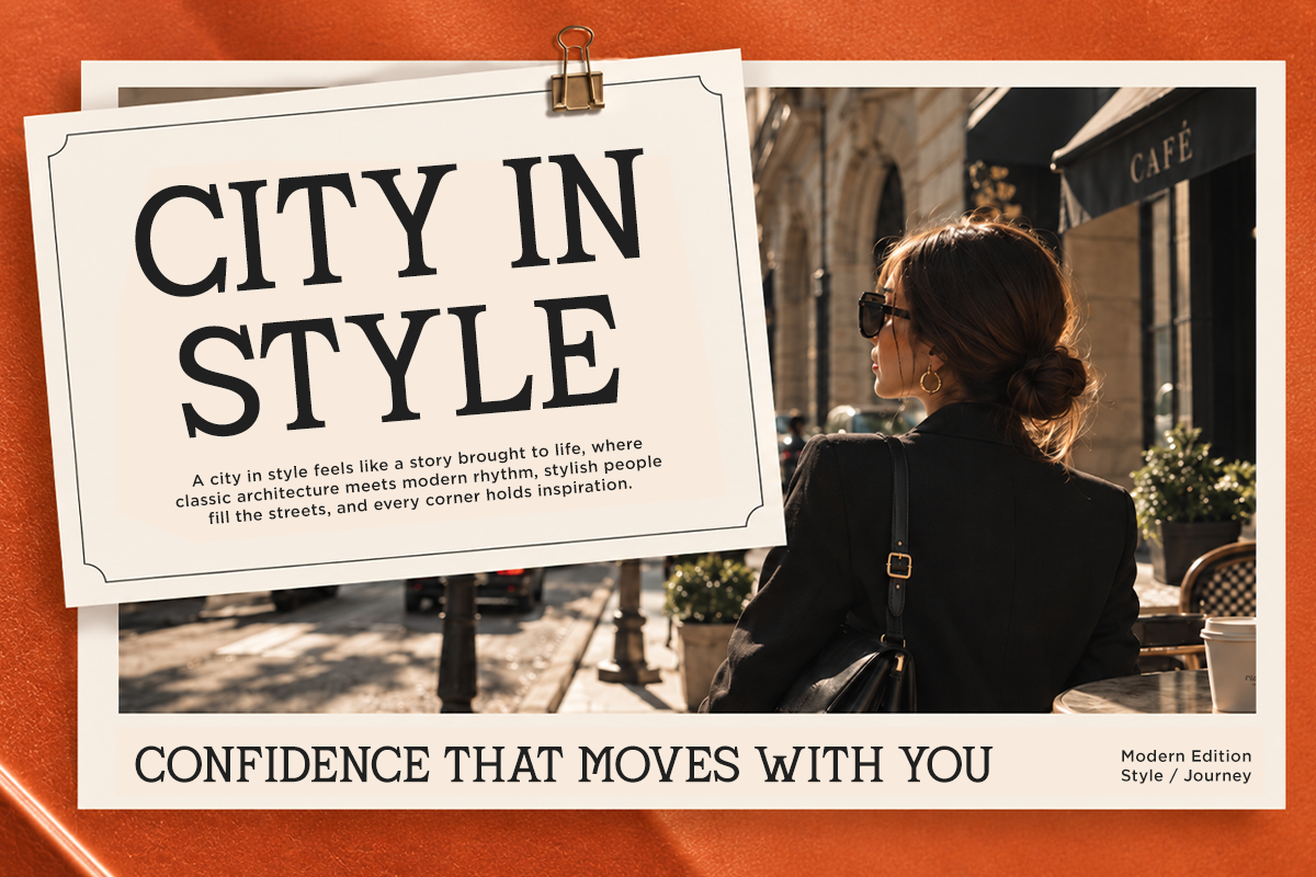 Polaroid mockup with woman in sunglasses on urban cafe street, cream text overlay on burnt orange background