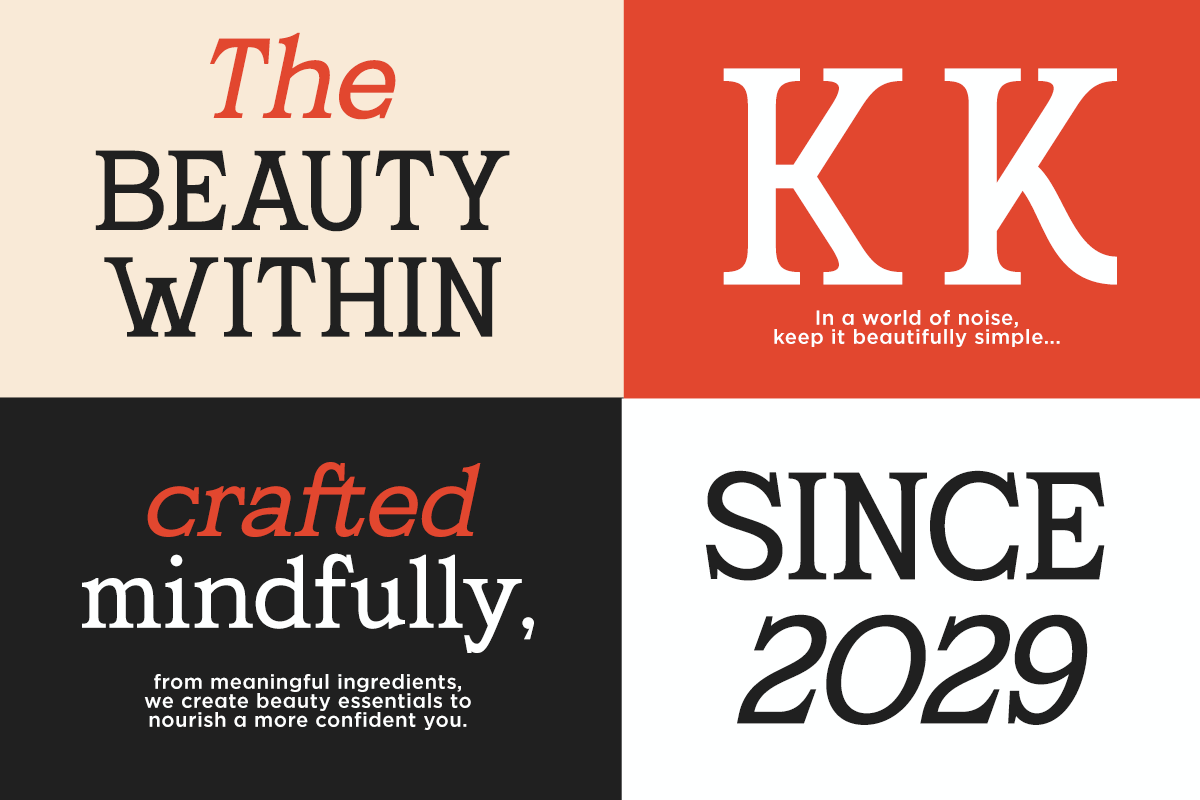 Split layout mockup with beige, red, black sections showing beauty brand messaging typography