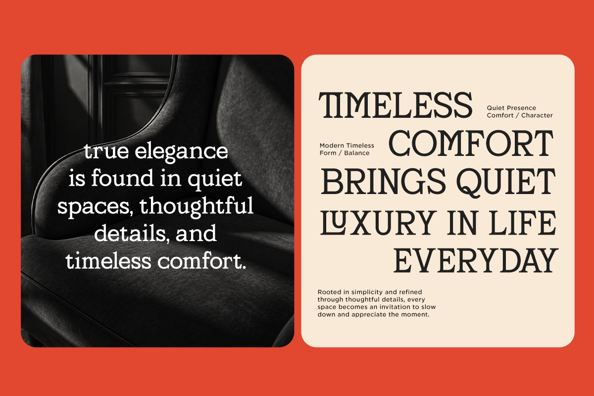 Split-screen mockup showing luxury lifestyle branding with serif typography on cream background beside moody black furniture photography